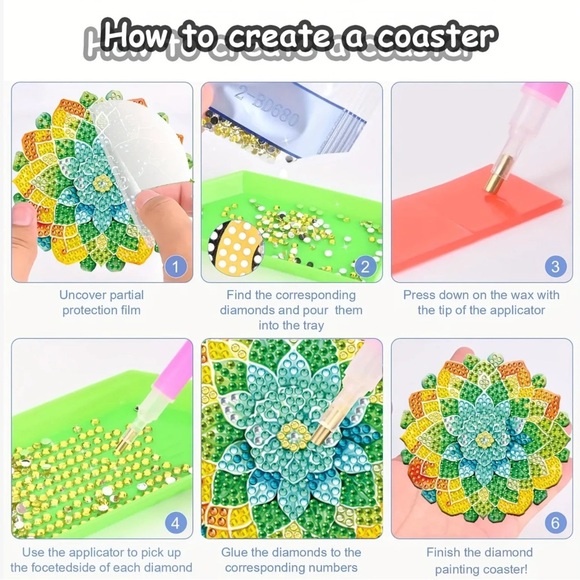 DIY 8 Lotus Flower Coasters, 5D Diamond Painting Kit W/ Tools and Rhinestones - Picture 7 of 7